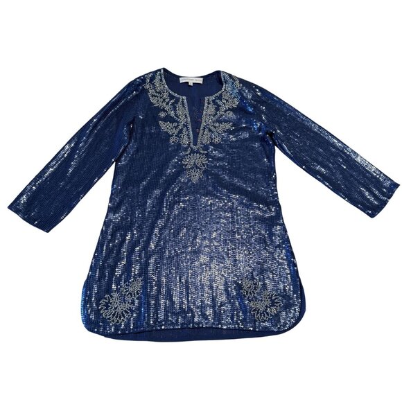 Christophe Sauvat Blue Sequin Split V-Neck Long Sleeve Tunic Top Women's Small S - Picture 1 of 7